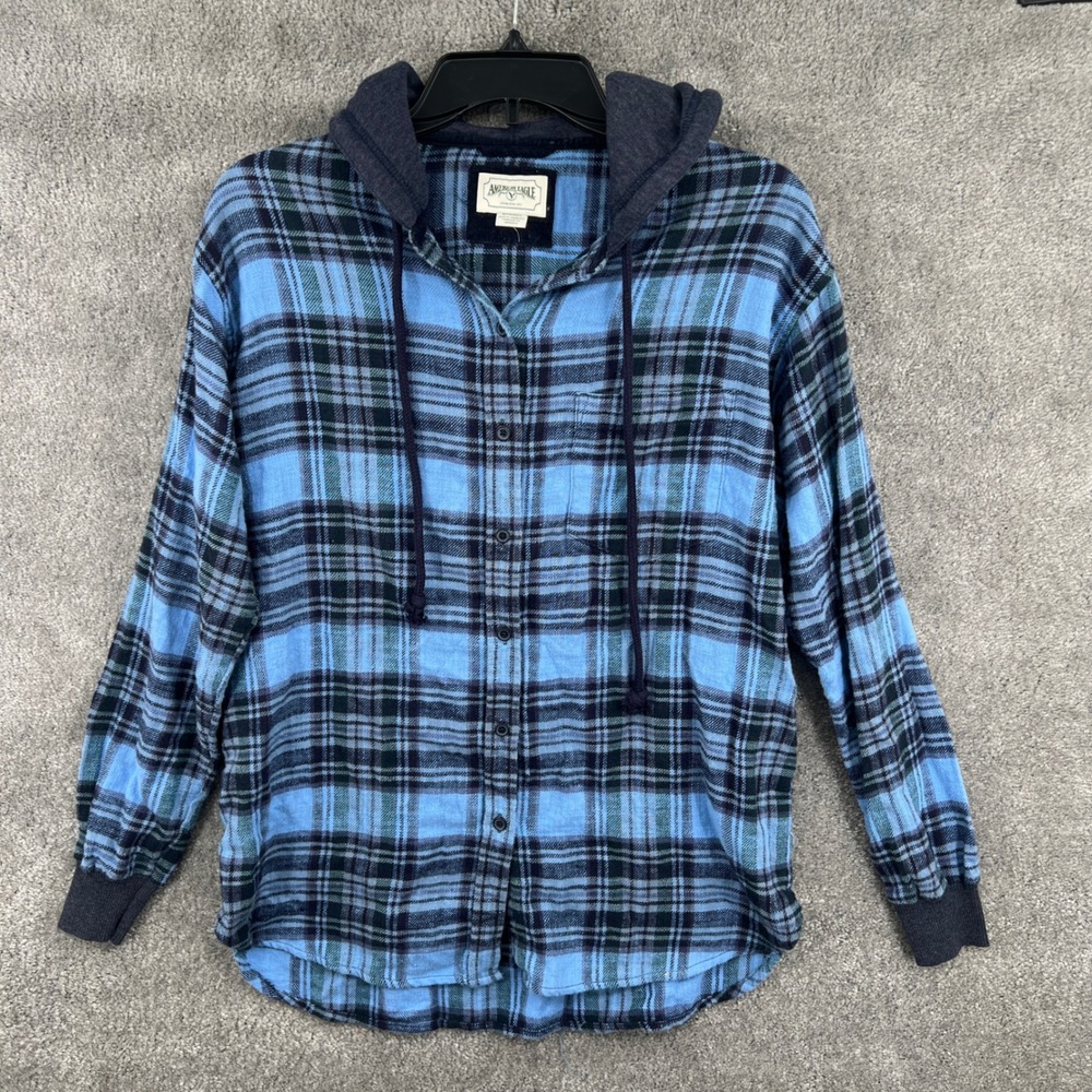 American Eagle Blue Plaid Hooded Flannel Shirt Button Size XS Grunge Skater - Picture 1 of 7